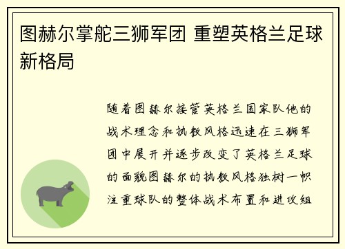 图赫尔掌舵三狮军团 重塑英格兰足球新格局