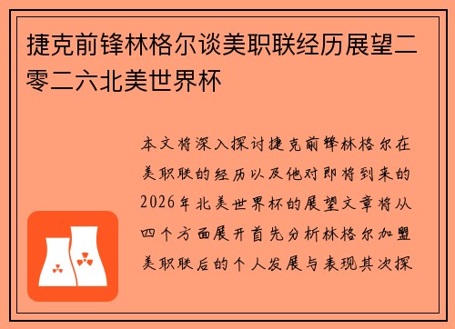 捷克前锋林格尔谈美职联经历展望二零二六北美世界杯